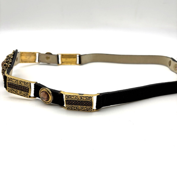 Vintage 80s Ames 9845 Black Suede Gold Medallion Rhinestone Waist Belt L 34\